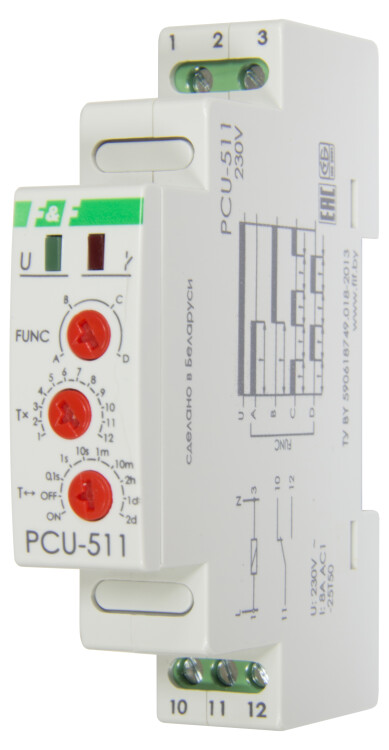 Реле времени PCU-511 многофункциональное, контакт 1Р,  монт. на DIN-рейке 35 мм, 10А 220В