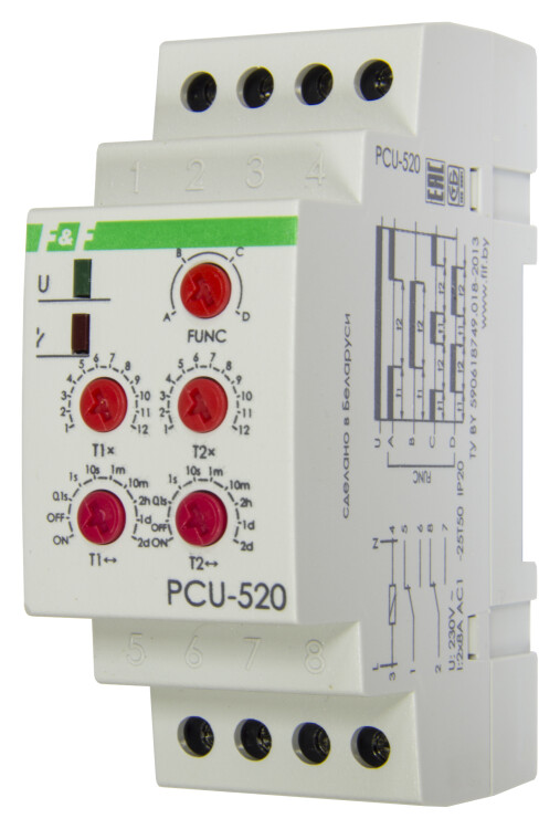 Реле времени многофункциональное PCU-520, контакты 2Р, с 2 независ. выдерж. времени, на DIN-рейку