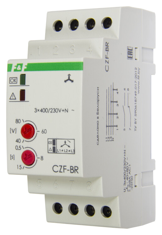 Реле контроля и сигнализации фаз CZF-BR монт. на DIN-рейке 35 мм, с регулировкой порога отключения