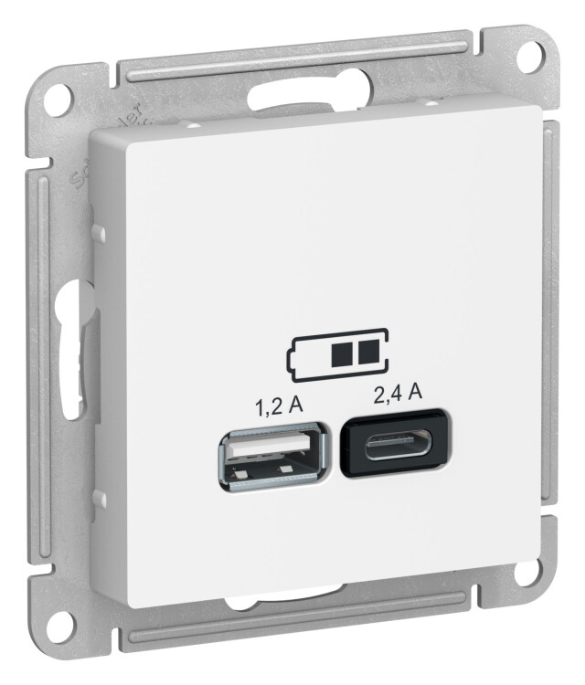 Розетка USB-A 1,2А + USB-C 1,2А, Белый, AtlasDesign