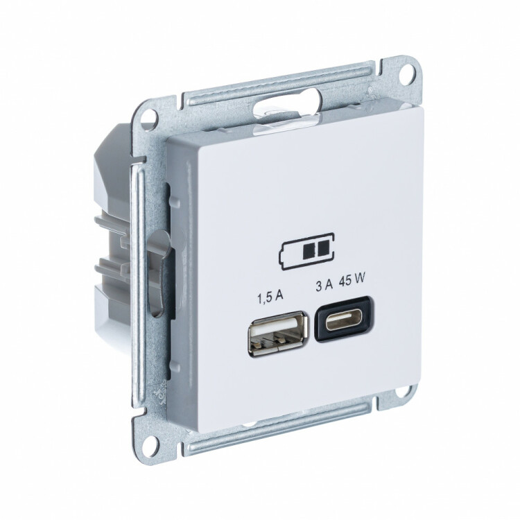 Розетка USB-A + C 45W высокоскор.заряд. QC, PD, белый AtlasDesign
