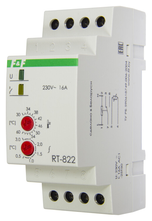 Регулятор температуры RT-822 диапазон температур от +30 до +60С,  монт. на DIN-рейке 35 мм, регул.