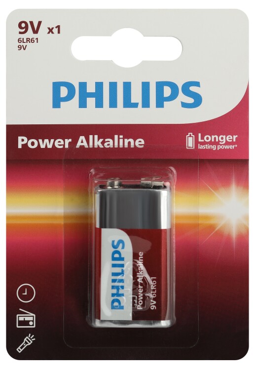 Эл-т питания щелочной 6LR61 "крона" (6F22;6KR6) 9В (уп.=1 шт.) Power Philips
