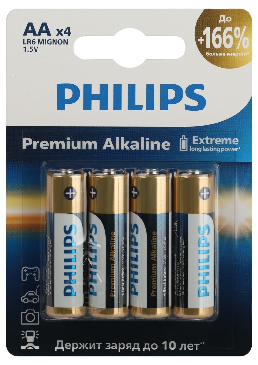 Эл-т питания щелочной LR6 (АА, 316) 1,5В (уп.=4 шт.) Premium Philips