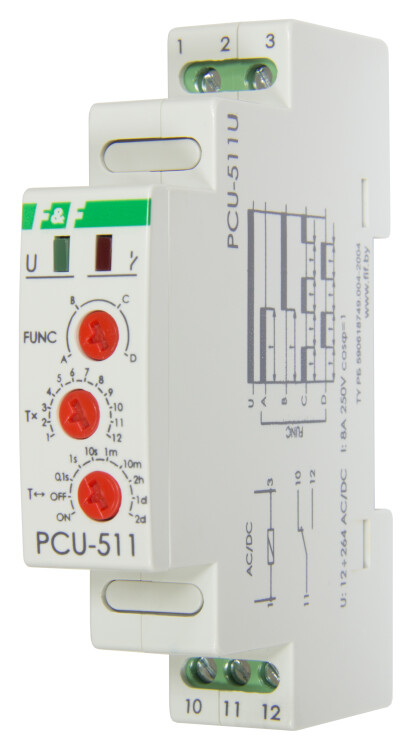 Реле времени многофункциональное PCU-511U, контакт 1Р,  монт. на DIN-рейке 35 мм, напряжение питан
