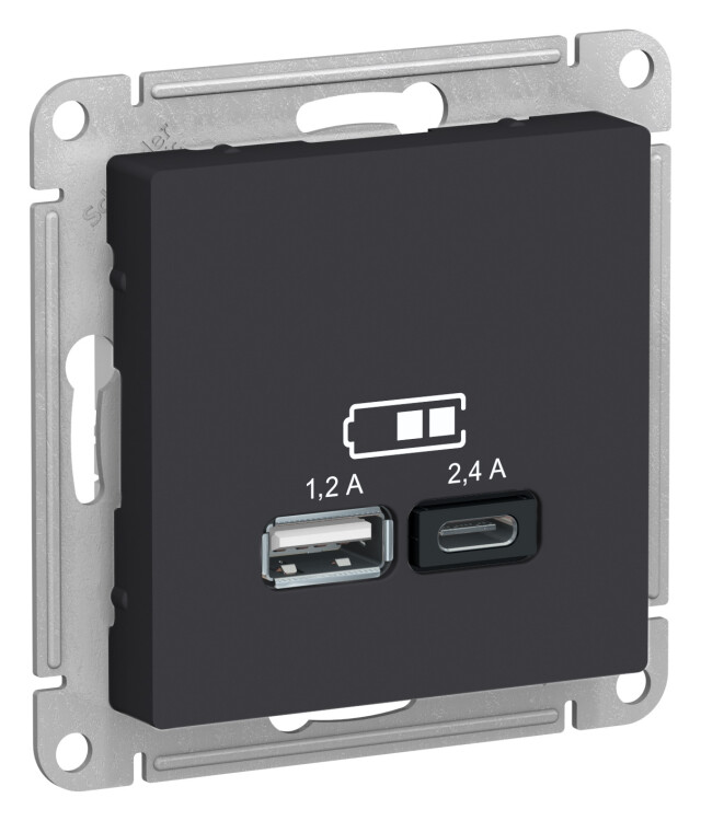 Розетка USB-A 1,2А + USB-C 1,2А, Карбон, AtlasDesign